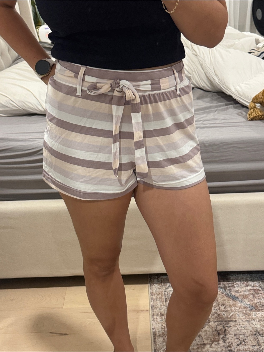 La Vie En Rose Striped Tie-Waist Lounge Shorts in Taupe, Cream & White
